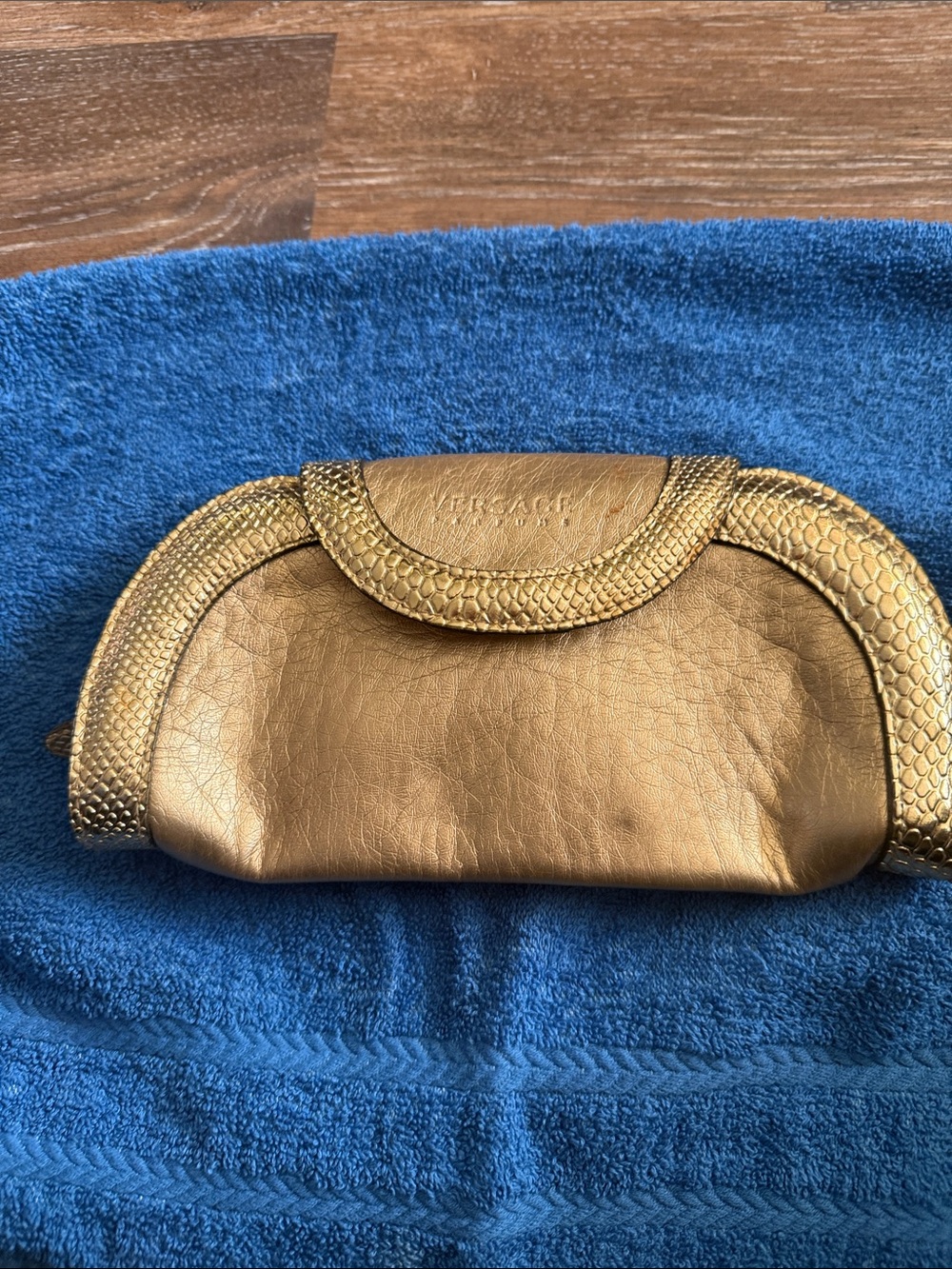 Versace Metallic Gold Leather Snake-Trim Clutch